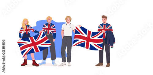 Obraz na plátne Group of Diverse People Holding British Flags in Celebration.