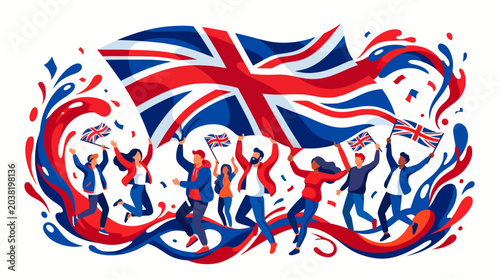 Foto Stylized British flag with dancing crowd celebrating national pride