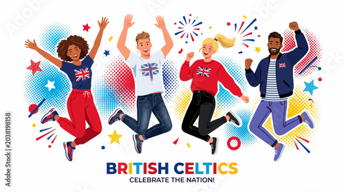 Tableau sur toile Diverse group celebrating British Celtic national unity with colorful confetti