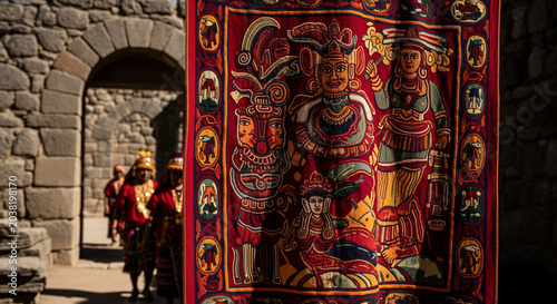 Vibrant Peruvian Textile with Intricate Traditional Designs.