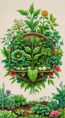 Fresh leafy vegetable vintage illustration botanical art aesthetic wallpaper for rustic interiors