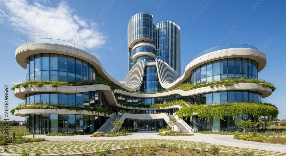 Fototapeta premium modern eco friendly building with green walls and blue glass