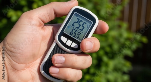 Handheld Digital Hygrometer and Thermometer Measuring Environmental Conditions.