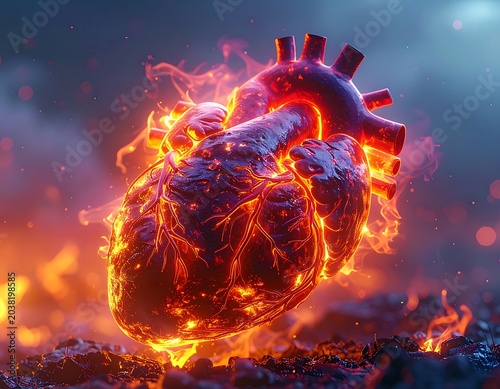 Burning human heart with flames rising.