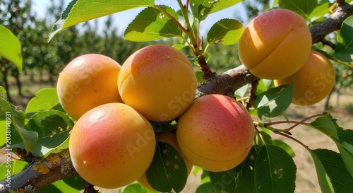 Ripe Apricots Growing on a Tree Branch in an Orchard on a Sunny Day.