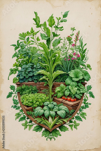 Organic plant collection vintage illustration botanical art wallpaper with artistic garden background