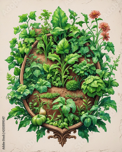 Organic green harvest vintage illustration botanical art decorative wallpaper background design