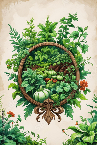 Decorative vegetable foliage vintage illustration botanical art wallpaper with peaceful garden atmosphere