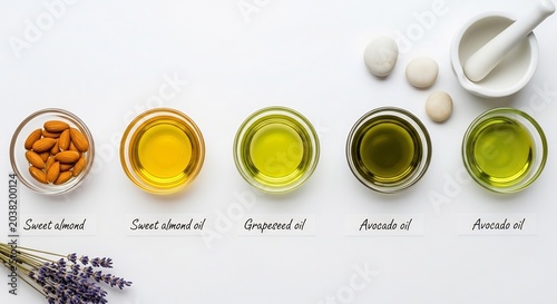 Assortment of Natural Oils and Ingredients for Skincare and Aromatherapy.