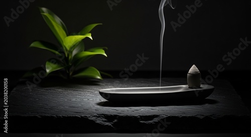 Serene Incense Cone Smoldering with Green Plant on Dark Slate.