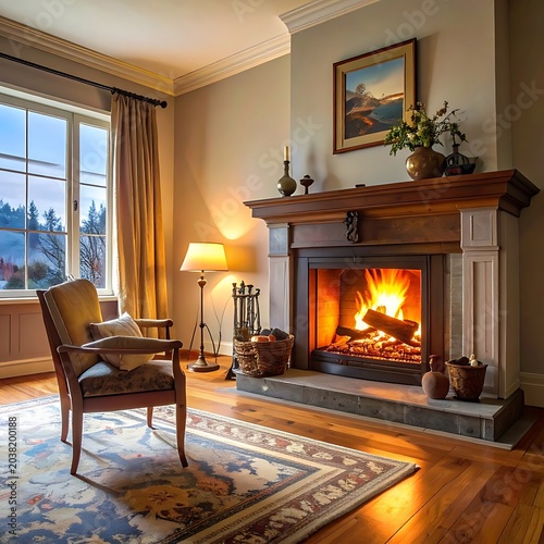 Cozy living room with fireplace interior.