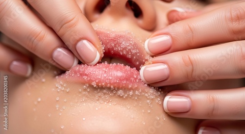 Woman receiving a gentle lip exfoliation treatment with a sugar scrub in a beauty salon.