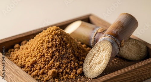 Pile of brown sugar and sugarcane pieces on a wooden tray.