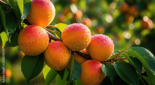 Ripe Apricots Growing on a Tree Branch in Sunlight with Green Leaves.