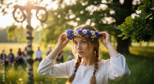Young woman with braids wearing a flower crown.