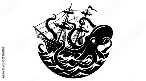 Фотография Octopus Silhouette Wrapping Around Ancient Shipwreck in Monochrome Ink Style
