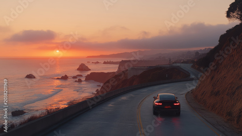 Sunset coastal road modern car ocean cliff scenic drive orange sky winding highway sea wave tranquil travel modern car cruising along coastal
