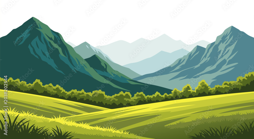 Εκτύπωση καμβά Vibrant vector illustration of rolling green hills and majestic blue-green mount