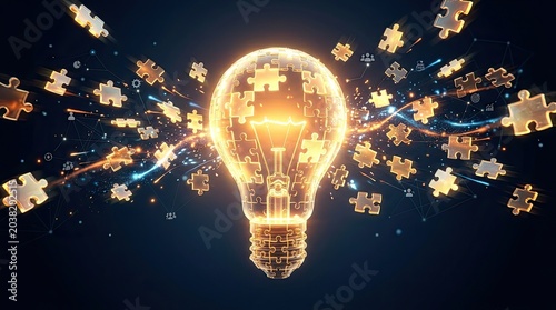A glowing lightbulb is constructed from interlocking puzzle pieces, radiating bright light and sparks. Numerous smaller puzzle pieces float around the lightbulb, suggesting the generation of ideas.
