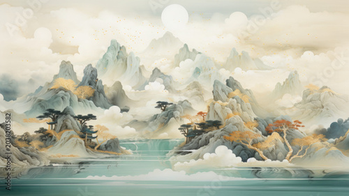 Traditional chinese ink wash painting style mountain landscape with mist and water, landscape