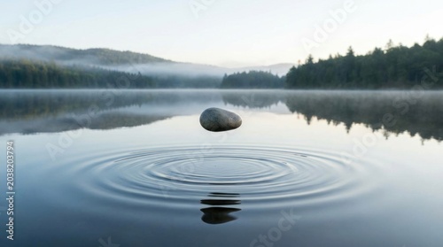 A smooth, dark stone floats peacefully on the surface of a calm lake. Circular ripples emanate from the stone's point of impact, creating a symmetrical pattern.