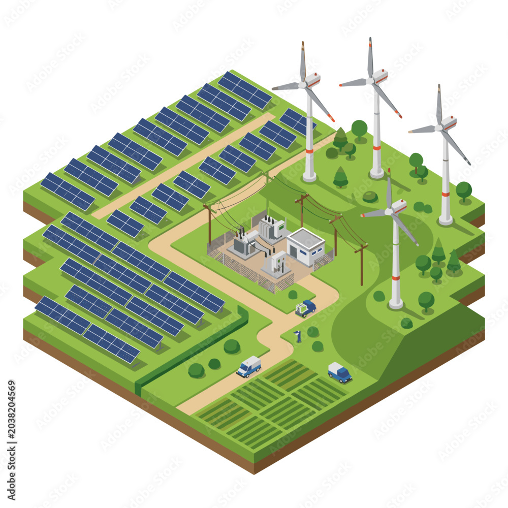 Fototapeta premium Isometric view of renewable energy farm with solar panels and wind turbines