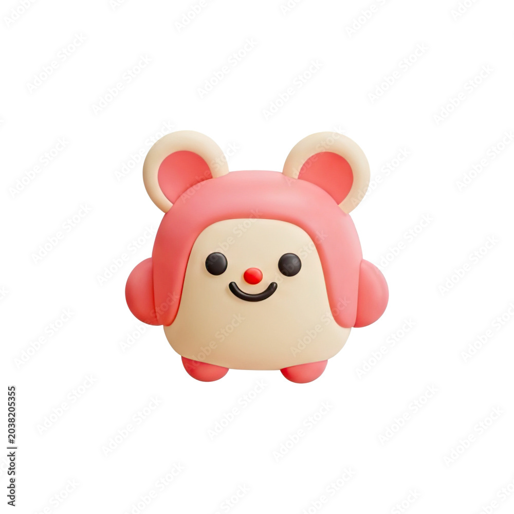 Obraz premium A cute, cartoon mouse character is depicted. The mouse has a pink body, pink ears with black accents, and a smiling face with a red nose.