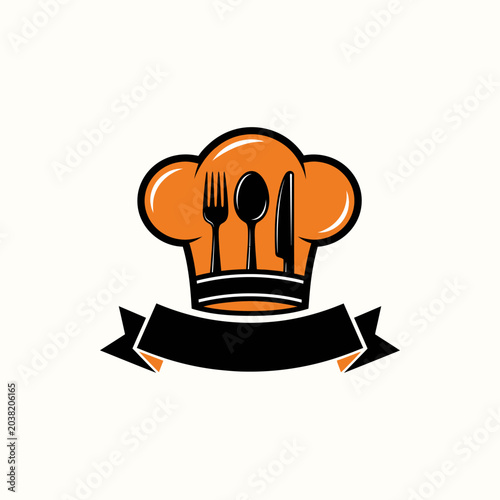 Professional chef hat logo featuring fork spoon and knife symbols with ribbon banner orange and black culinary emblem for catering services restaurant identity fine dining kitchen branding.