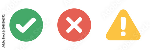 Cuadro en lienzo Success, Error And Warning Status Icons, Green Check Mark, Red Cross And Yellow Alert Triangle Indicators For User Interface Design
