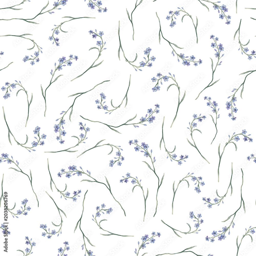 Fototapeta premium Watercolor seamless pattern with illustration green leaves and light blue forget-me-nots. Wildflowers herbs flowers. Wedding invites, fashion, prints, backgrounds. Mono floral pattern
