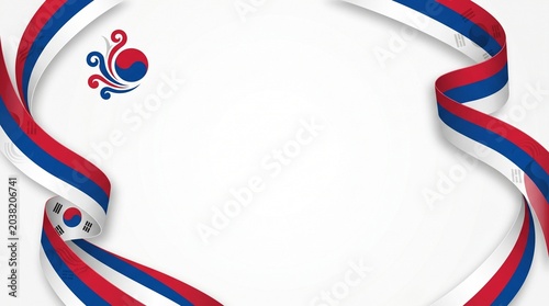 Minimal South Korea themed championship banner with flowing red blue and white ribbon, taegeuk-inspired patterns and modern sports broadcast composition with large white copy space.

