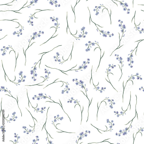 Foto Watercolor seamless pattern with illustration green leaves and light blue forget-me-nots