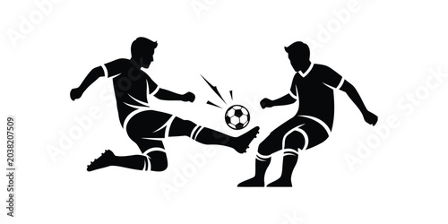 Cuadro en lienzo Two soccer players facing off with ball between them, one kicking, other defending, dynamic action pose, sports concept