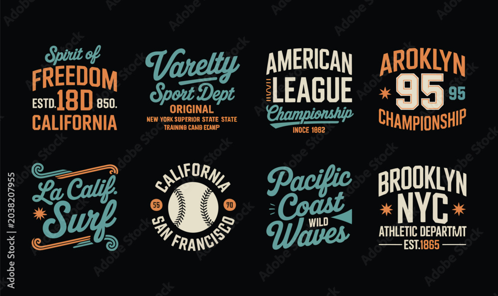 Fototapeta premium Varsity Sports Typography and College League Badge Set for T-Shirt Apparel Print Design