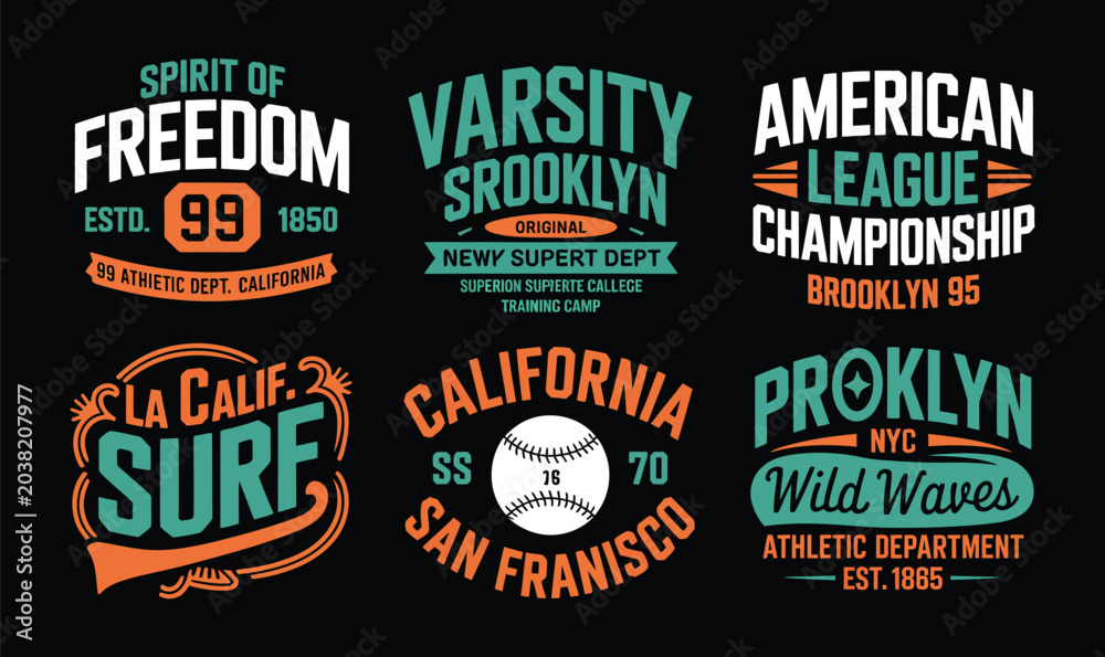 Fototapeta premium Varsity Sports Typography and College League Badge Set for T-Shirt Apparel Print Design