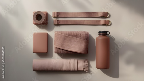 Top View of Knolled Yoga Equipment in Terracotta and Dusty Pink Tones
