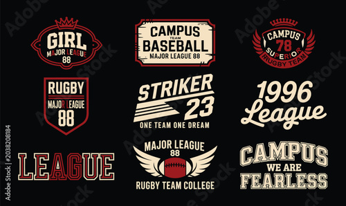 Varsity Sports Typography and College League Badge Set for T-Shirt Apparel Print Design