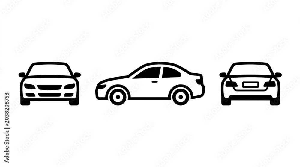 Fototapeta premium Three views of a modern sedan car icon.