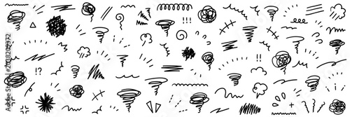 手書きの飾りイラストのベクターイラストセット。手描き、集中線、モヤモヤ、注目