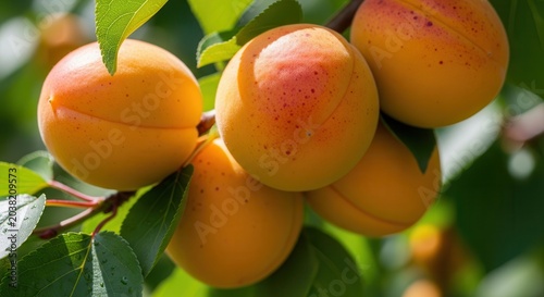Ripe Apricots Growing on a Tree Branch with Green Leaves.