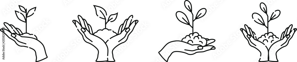 Obraz premium Hand Drawn Hand Holding Plant Icons Set Vector Illustration, Environmental Protection and Sustainable Growth Line Art Collection