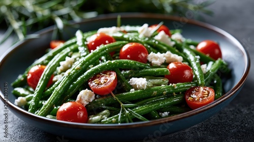 Fresh green bean salad with cherry tomatoes and crumbled feta cheese in bowl
