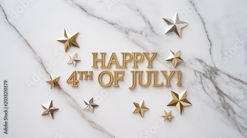 Happy 4th of july gold text and stars marble background
