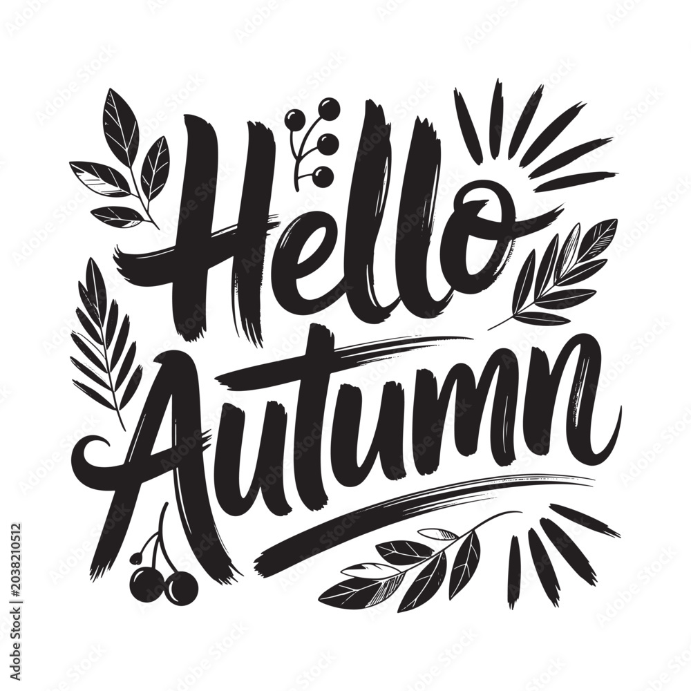 Obraz premium Hello autumn lettering with leaves and berries black ink style