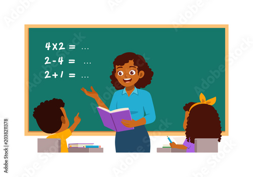 African American Female Teacher Happily Explains Basic Math Problems to Engaged Students in Classroom