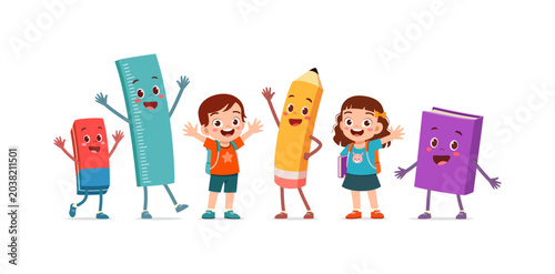 Happy school children and anthropomorphic stationery waving cheerfully ready for learning and education