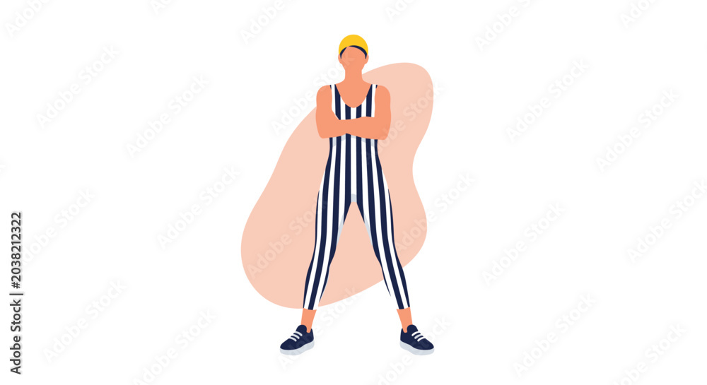 Fototapeta premium Confident woman in a navy and white vertical striped swimsuit stands with arms crossed against an abstract organic peach background.