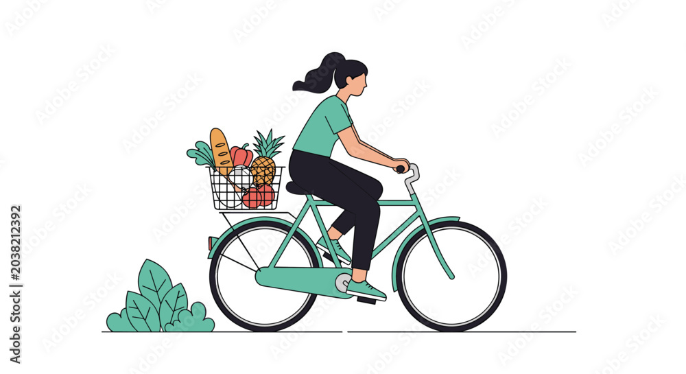 Fototapeta premium Active woman rides a green bicycle with a rear basket full of fresh groceries including bread and fruit through a simple garden.