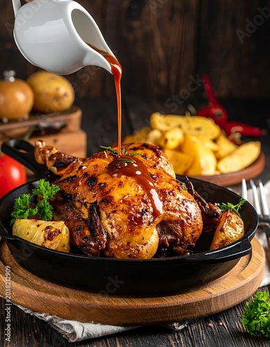 Roasted chicken with savory gravy poured.
