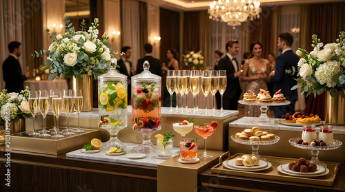 Elegant catering buffet setup with champagne glasses and desserts at a luxury evening party